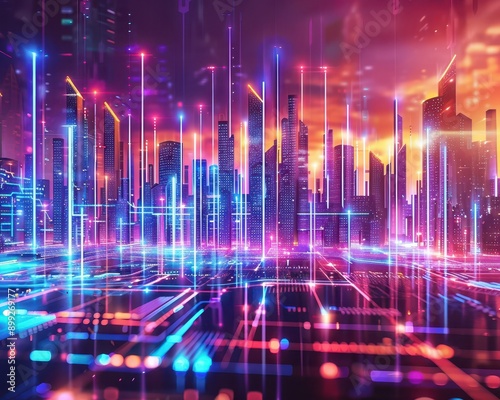 Line graph, neon hologram, futuristic cityscape background, glowing lines, tech presentation