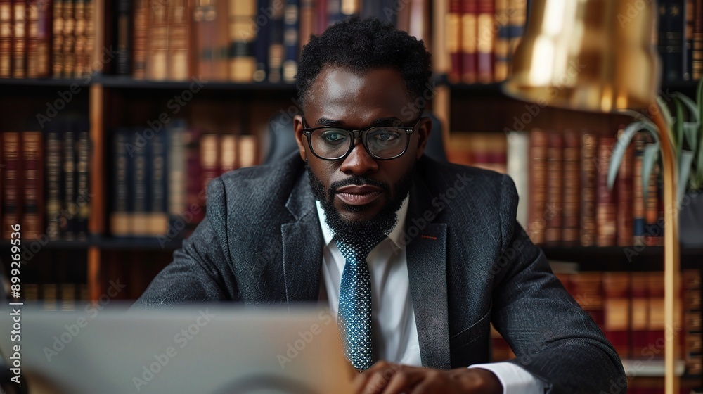 Thinking, computer and businessman working in the office doing research for a legal project. Technology, proud and professional African male attorney planning for a law case in the modern workplace. Thinking, computer and businessman working in the office doing research for a legal project. Technology, proud and professional African male attorney planning for a law case in the modern workplace.