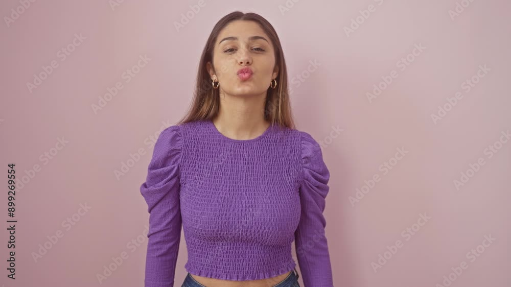 Attractive young hispanic woman with a cheerful aura, blows a love-full, kiss, beaming to the camera against isolated pink background, sprinkling a sexy charm in the air Attractive young hispanic woman with a cheerful aura, blows a love-full, kiss, beaming to the camera against isolated pink background, sprinkling a sexy charm in the air