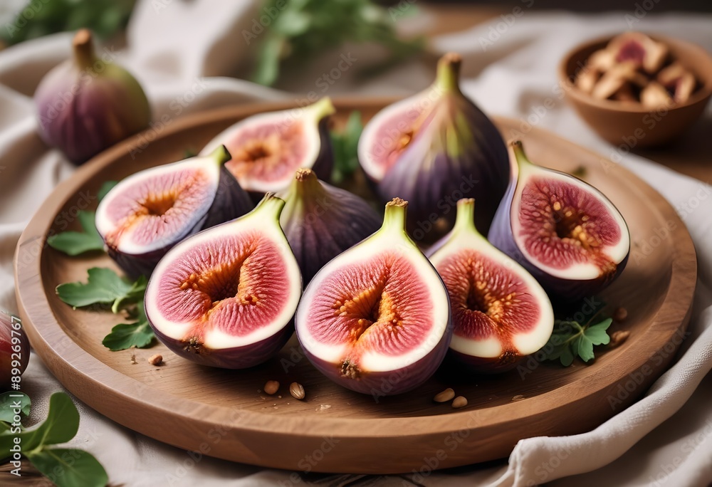 Fresh figs, sliced in half, served on an elegant plate in a café or restaurant. Fresh figs, sliced in half, served on an elegant plate in a café or restaurant.