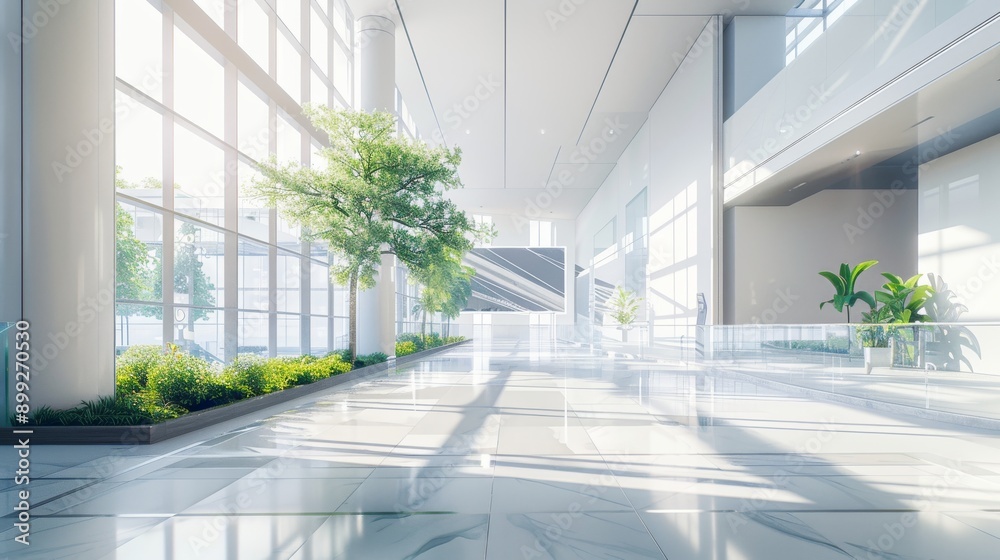 Modern Office Building Lobby with Natural Light and Greenery Modern Office Building Lobby with Natural Light and Greenery