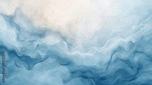 The image is a blue and white abstract painting of a wave