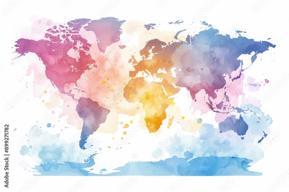 Obraz premium watercolor illustration of a world map featuring detailed multicolor regions