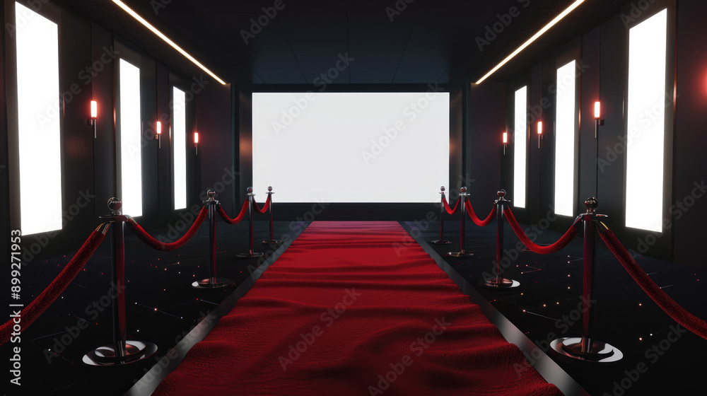 a red carpet with velvet ropes and a blank white movie screen on a black background a red carpet with velvet ropes and a blank white movie screen on a black background