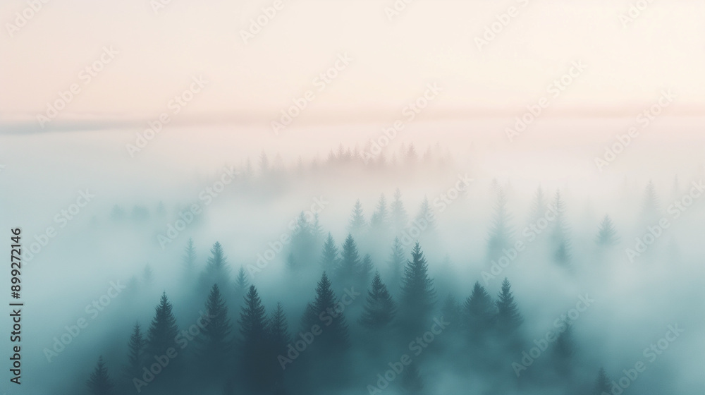 Obraz premium A forest with trees covered in mist