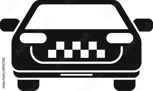 Black and white icon of a checker taxi cab driving in the city