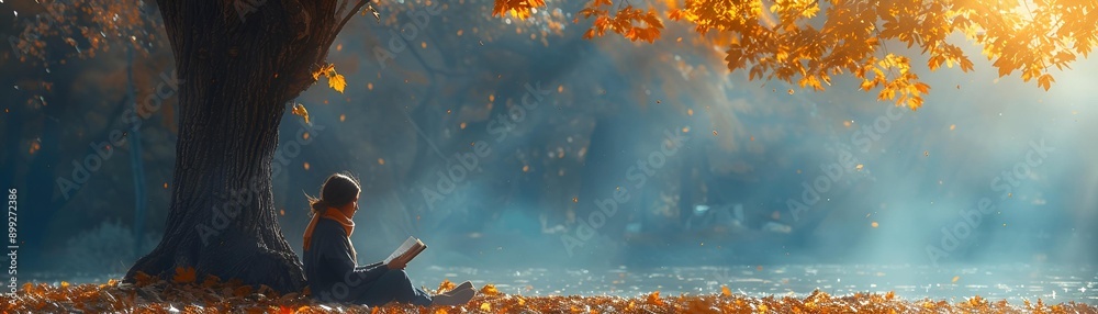 A person sitting under a tree with colorful autumn leaves scattered around them.