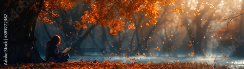 A woman sitting under a tree in the autumn forest, surrounded by colorful leaves and a serene atmosphere.