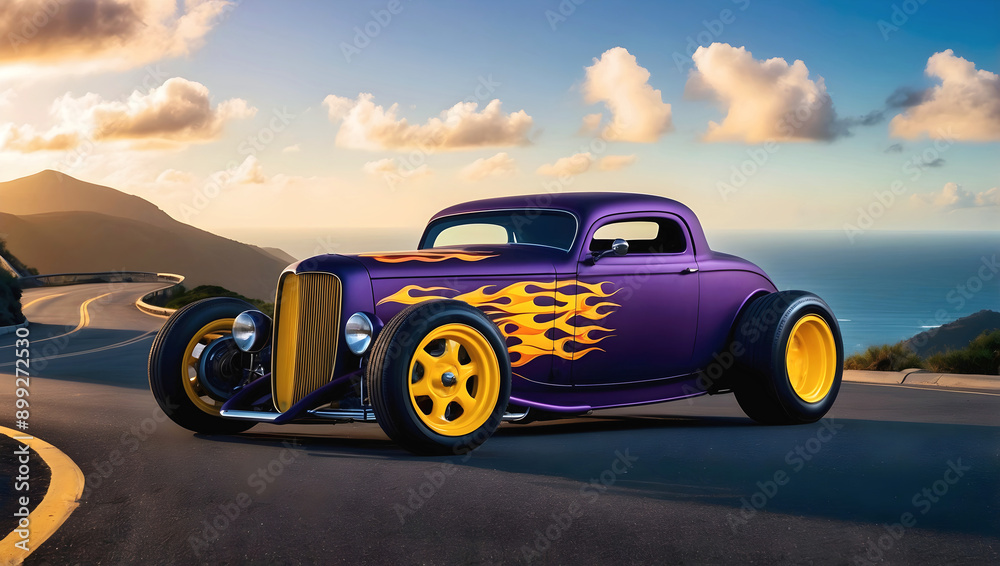 Beautiful unique purple vintage hot rod car with yellow fire, automotive background, tuning template, wallpaper, auto transport