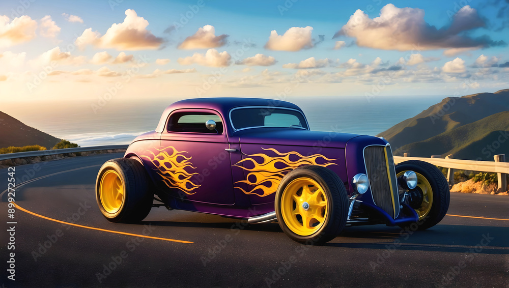 Beautiful unique purple vintage hot rod car with yellow fire, automotive background, tuning template, wallpaper, auto transport