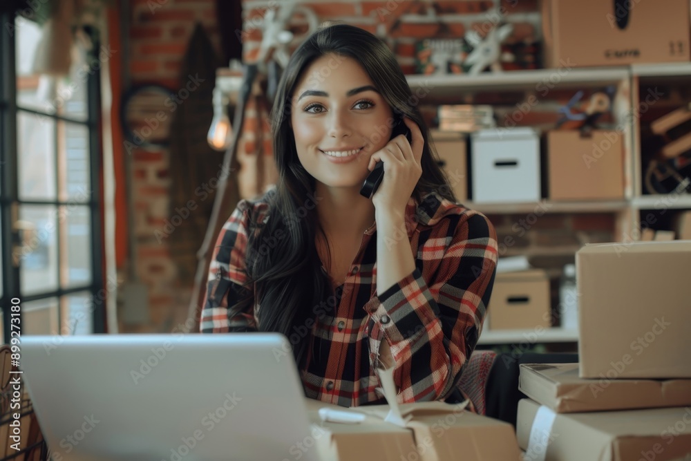 A woman with long dark hair, wearing a checkered shirt, sitting at a desk with a laptop and multiple cardboard boxes around her, talking on the phone and smiling, in a home office setting with brick A woman with long dark hair, wearing a checkered shirt, sitting at a desk with a laptop and multiple cardboard boxes around her, talking on the phone and smiling, in a home office setting with brick