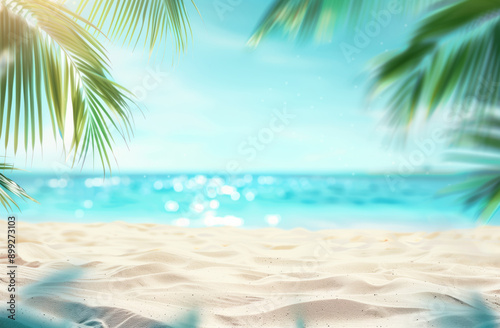 Tropical beach background with sand and palm leaves. Summer vacation concept, blurred background. Space for text or product