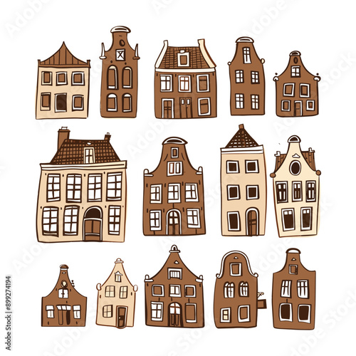 Hand drawn cartoon doodle set of dutch houses, cute and colorful