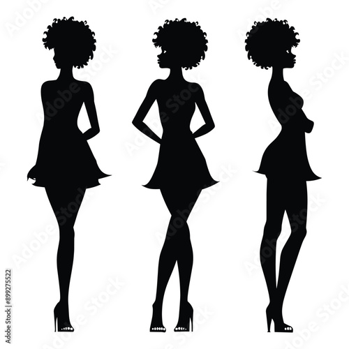 Silhouettes of three women in short dresses with afro hairstyles. 