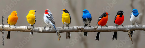 Colorful birds perched on a tree branch in springtime photo