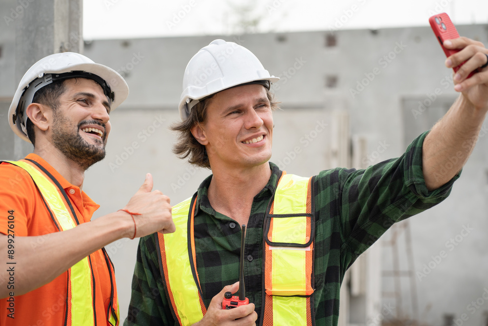 Portrait caucasian engineer man and hispanic Latin engineer man selfie at precast cement outdoor factory Portrait caucasian engineer man and hispanic Latin engineer man selfie at precast cement outdoor factory