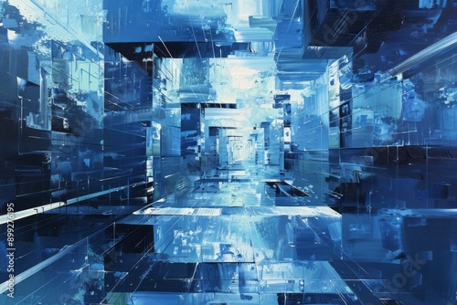 Abstract Blue and White Cityscape in Perspective