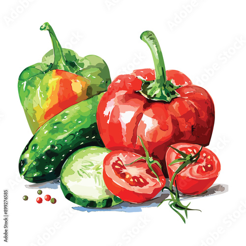 A watercolor illustration of a bell pepper, cucumber, and tomatoes.  