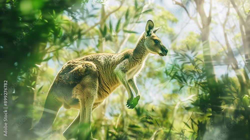 double exposure effect of a Kangaroo walking and green jungle. World wildlife day double exposure effect of a Kangaroo walking and green jungle. World wildlife day