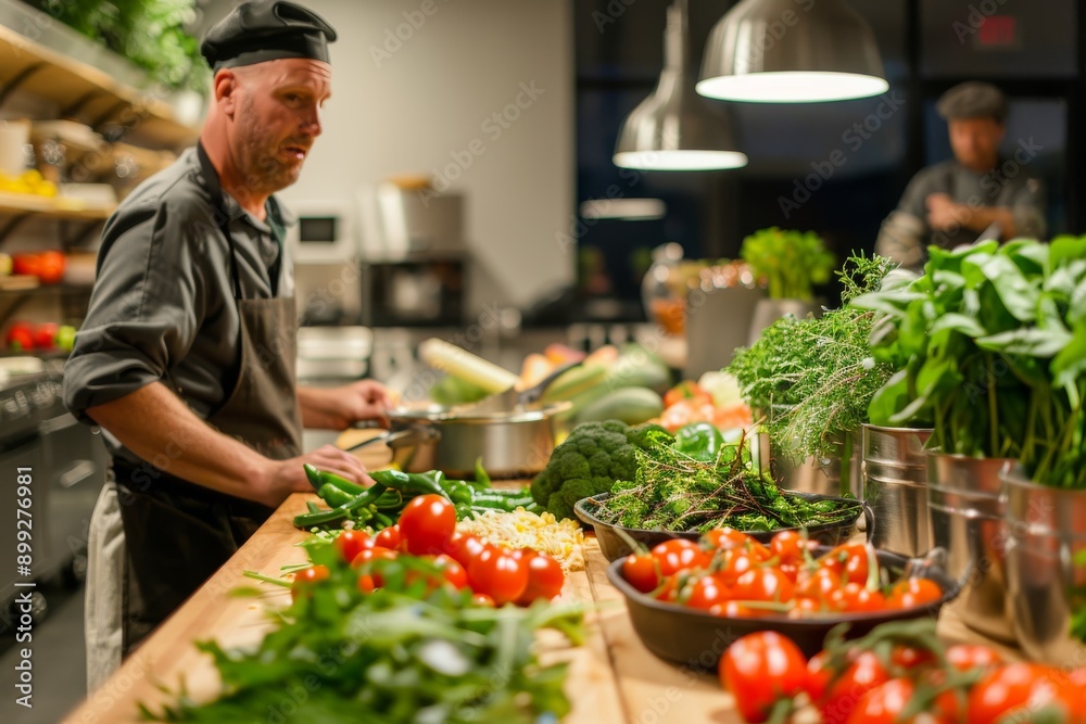 Chef Preparing Fresh Produce in a Commercial Kitchen Chef Preparing Fresh Produce in a Commercial Kitchen