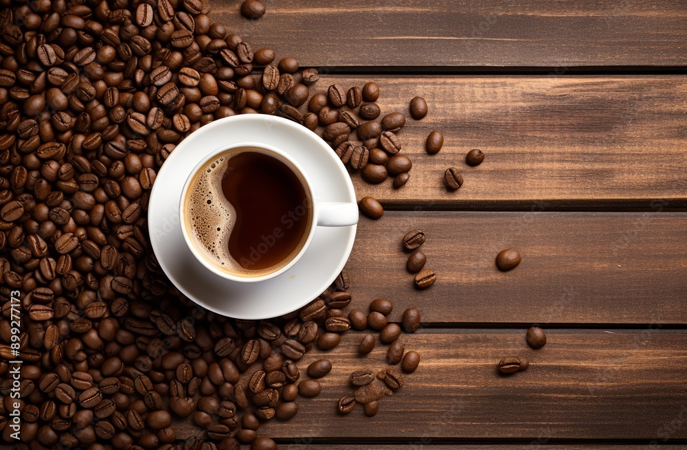 A cup of hot coffee on a pile of coffee beans on a table. Generated Ai A cup of hot coffee on a pile of coffee beans on a table. Generated Ai