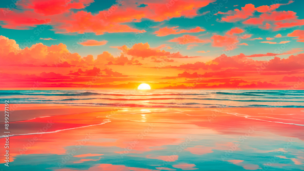 Fototapeta premium ocean with bright orange and pink clouds reflecting on the water.