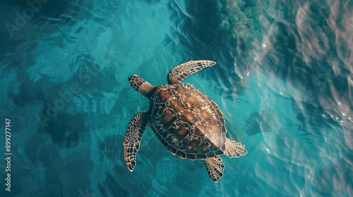 Aerial view of sea turtle swimming on blue ocean