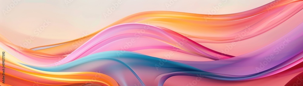 Abstract image with vibrant flowing waves in shades of orange, pink, blue, and purple on a light background, creating a dynamic and fluid visual effect.