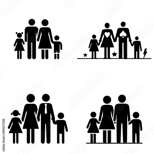 Silhouette of a family of four, mom, dad, daughter and son. Set of vector monochrome icons EPS 10