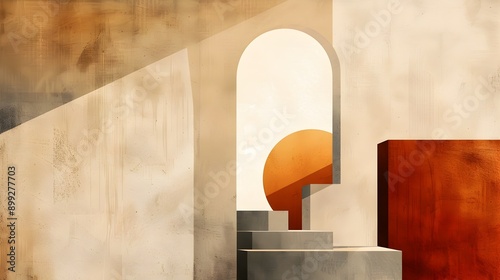 Minimalist abstract digital painting composition featuring simple geometric shapes earthy color gradients and architectural Bauhaus inspired motifs creating a clean calming 