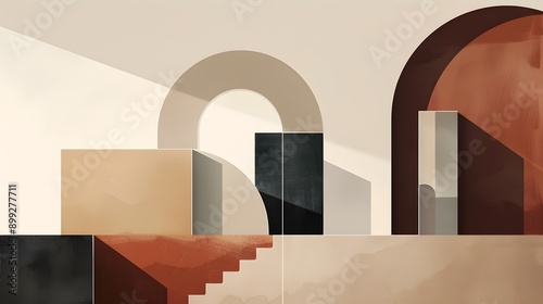 Minimalist and abstract architectural composition featuring simple geometric shapes earthy color gradients and a muted tranquil palette 