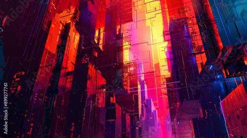 Surreal and abstract cityscape featuring towering cubist structures with vibrant neon hues glitching effects and moody lighting 