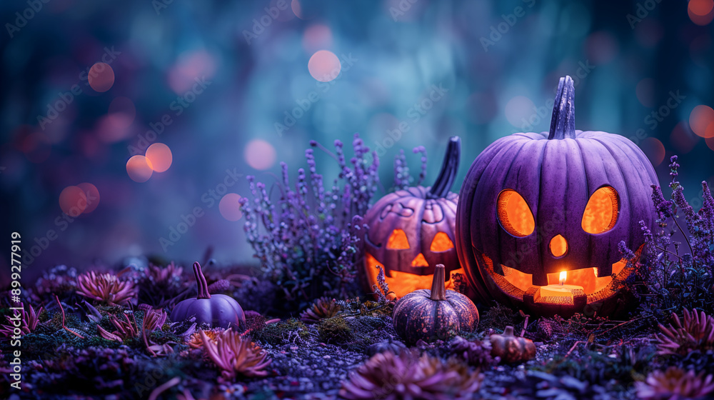 Halloween pumpkins glowing in mystical purple garden setting. Concept of holiday, magic, and autumn celebration.