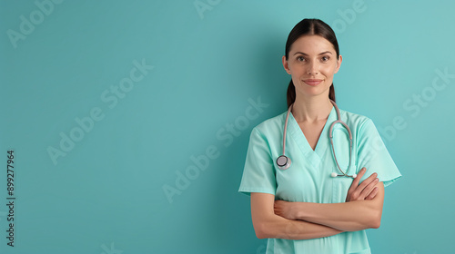 Smiling Female Healthcare Professional in Mint Scrubs