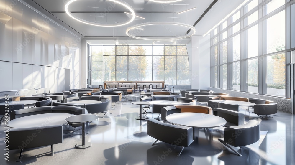 Modern Office Interior Design: Open Space with Circular Tables and Comfortable Seating Modern Office Interior Design: Open Space with Circular Tables and Comfortable Seating