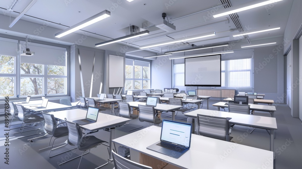 Modern Classroom Interior Design: White Walls, Desks, and Laptops Modern Classroom Interior Design: White Walls, Desks, and Laptops