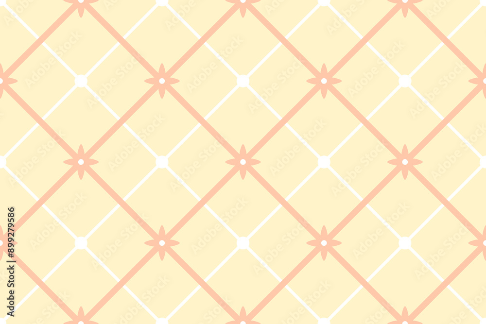Light orange square grid with dots and stars. Abstract endless texture with rhomboidal cells ornament. Vector seamless pattern for wrapping paper, giftwrap, cover, tile, greeting card, surface texture