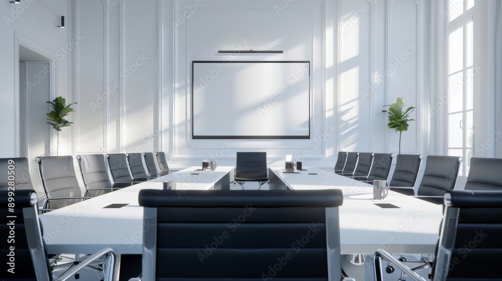 Modern Conference Room Interior Design with White Walls and Black Chairs Modern Conference Room Interior Design with White Walls and Black Chairs