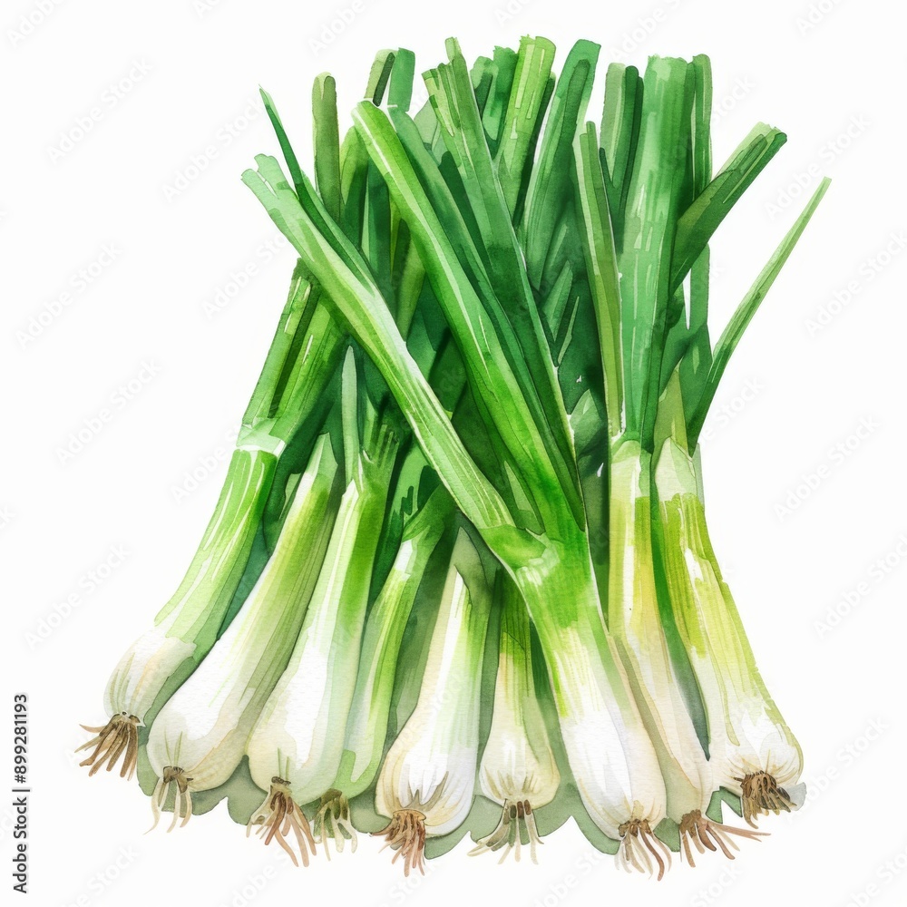 Scallions, long green stalks, white tips, watercolor style , isolated on white background Scallions, long green stalks, white tips, watercolor style , isolated on white background