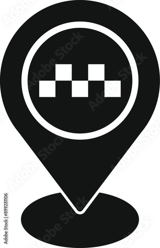 Black and white icon of a map pin pointing the location of a taxi