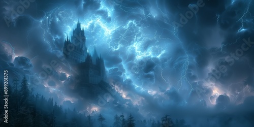 Lightning in the stormy sky above the old castle at night. Beautiful image of gothic fortress at thunderstorm.