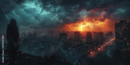 A man stands watching at thunderstorm above the city. View from behind on human at night.