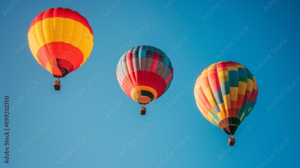 Three vibrant hot air balloons floating against a clear blue sky Three vibrant hot air balloons floating against a clear blue sky