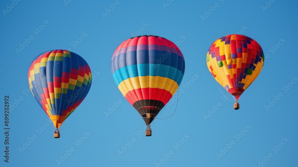 Three colorful hot air balloons in clear blue sky Three colorful hot air balloons in clear blue sky