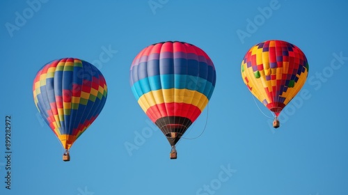 Three colorful hot air balloons in clear blue sky