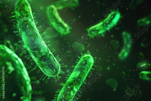 Futuristic green neon theme glowing abstract background with bacilli bacteria cells