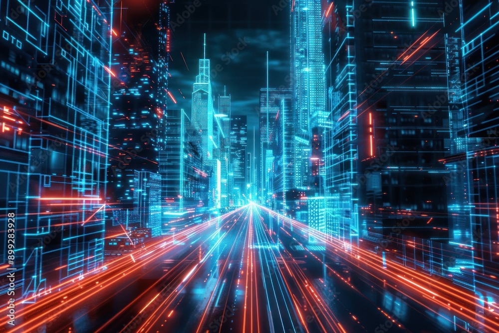 Futuristic neon-lit cityscape with digital light streams, reflecting a high-tech, cyberpunk ambiance Futuristic neon-lit cityscape with digital light streams, reflecting a high-tech, cyberpunk ambiance