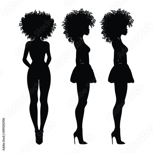 Silhouettes of a woman with afro hair in 3 poses. front, side and back. Vector graphic design, illustration, art.