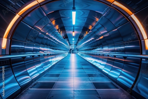 Futuristic tunnel with geometric patterns and glowing light at the end, showcasing modern architecture