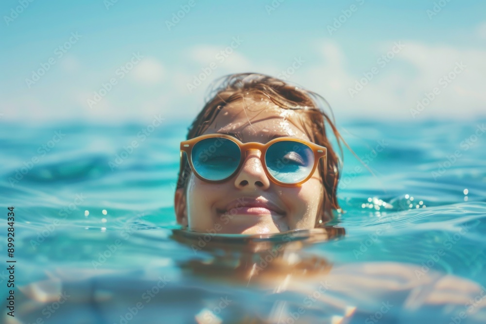 Naklejka premium Girl in the sea enjoying the sun, holiday travel vacation relaxation leisure